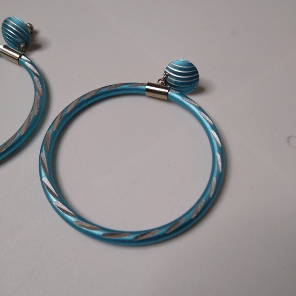 Blue Metal Large Dangle Hoop Earrings - Picture 4 of 13